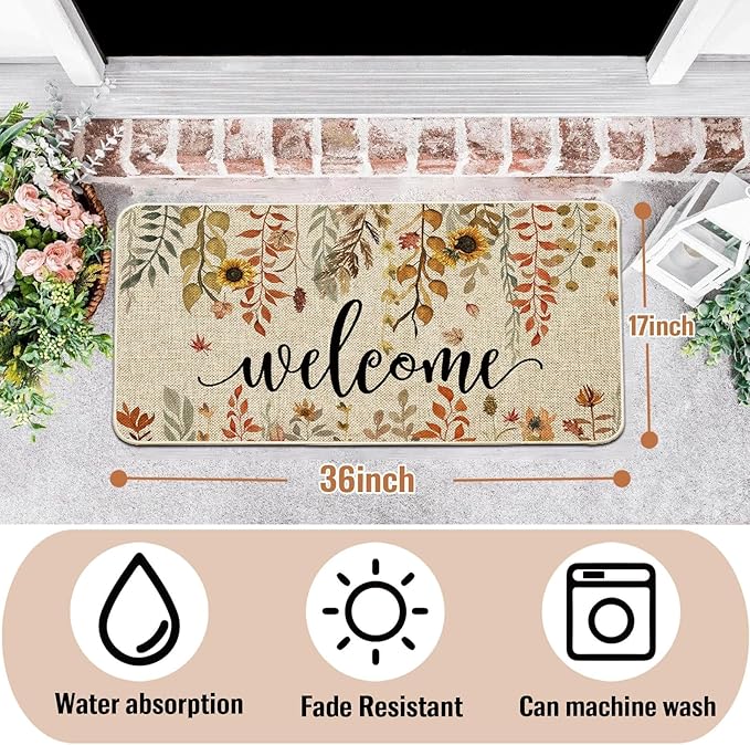 ORTIGIA Welcome Fall Doormat Eucalyptus Leaves Sunflowers Door Mats Indoor Outdoor Patio Non-Slip Durable Entrance Floor Mat for Farmhouse Home Entrance, Outside, Yard, Patio 17x36 Inch