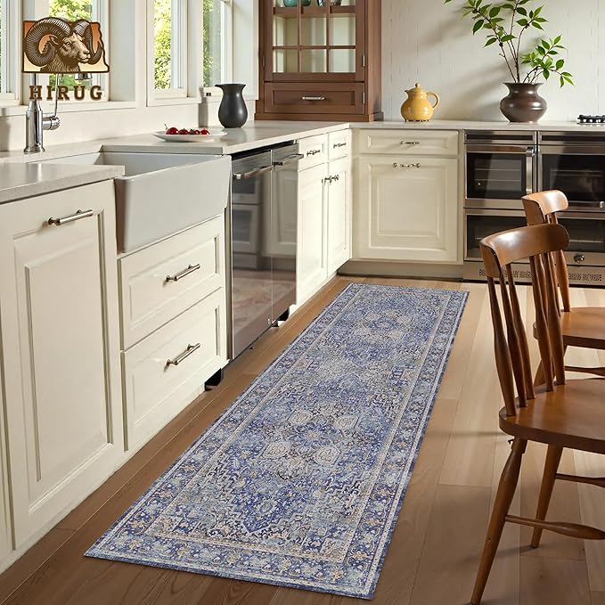 Washable Area Rug 2'6'' x 8' Vintage Traditional Persian Mat - Foldable Distressed Non-Slip Machine Washable Carpet for Living Room Bedroom Kitchen Home Decor - Indigo and Gold