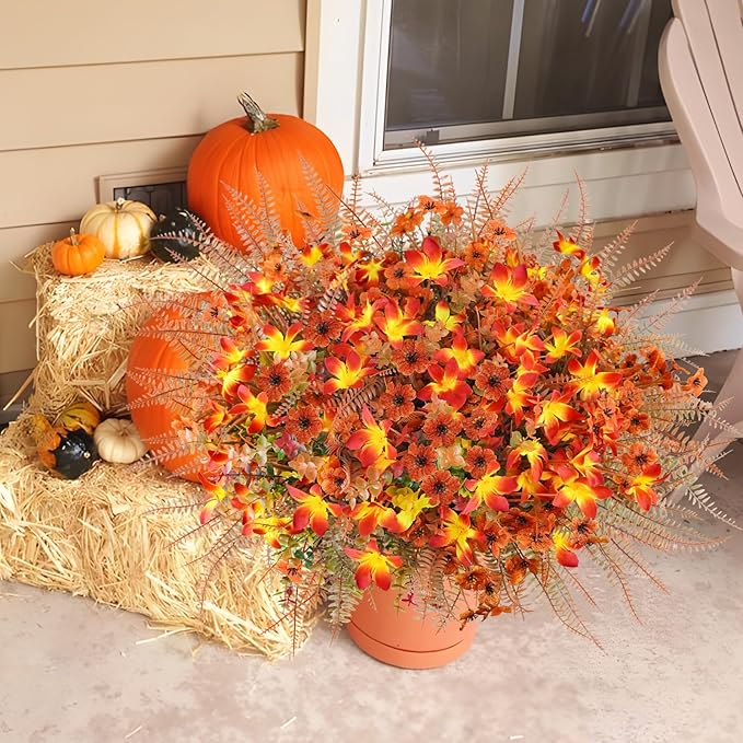 64 Pcs Artificial Fall Flower Outdoor Fake Fall Flowers UV Resistant Faux Fall Eucalyptus Plants for Home Porch Planter Garden Thanksgiving Fall Decor