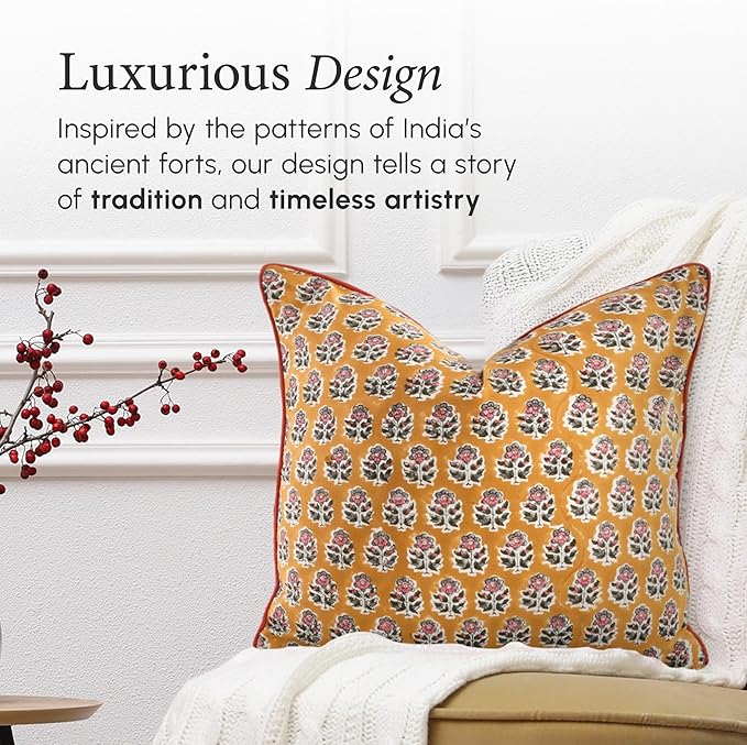 CPC 100% Cotton Throw Pillow Covers 16X16 Yellow Block Print Pattern Couch Pillow, Cute Boho Decorative Pillows for Living Room, Bedroom with Hidden Zipper- Yellow Citrine