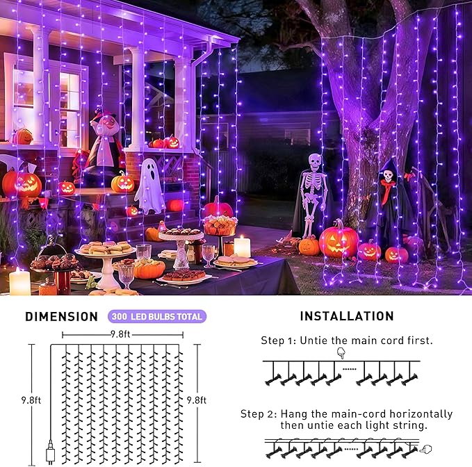JMEXSUSS 300LED Purple Halloween Lights with Remote, Curtain Hanging Light Plug in, 8 Modes Purple String Lights for Bedroom Window Wall Party Backdrop Christmas Halloween Decorations
