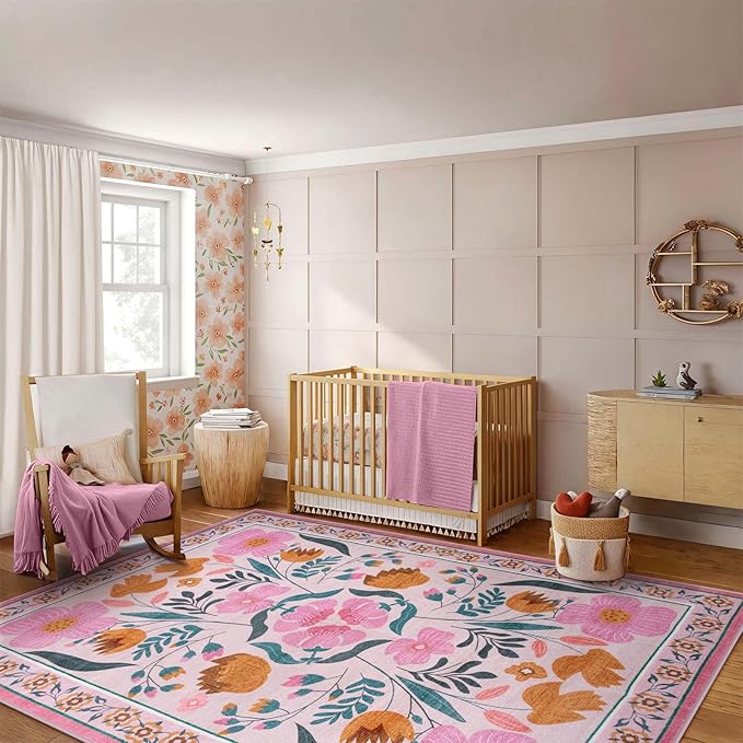 Beeiva Pink 6x9 Area Rugs, Floral Washable Dining Room Rug for Living Room Ultra-Thin, Non Slip Low Pile Indoor Flower Carpet for Girl Nursery Dorm Room Kids Playroom Classroom Decor (Pink,6'x9')