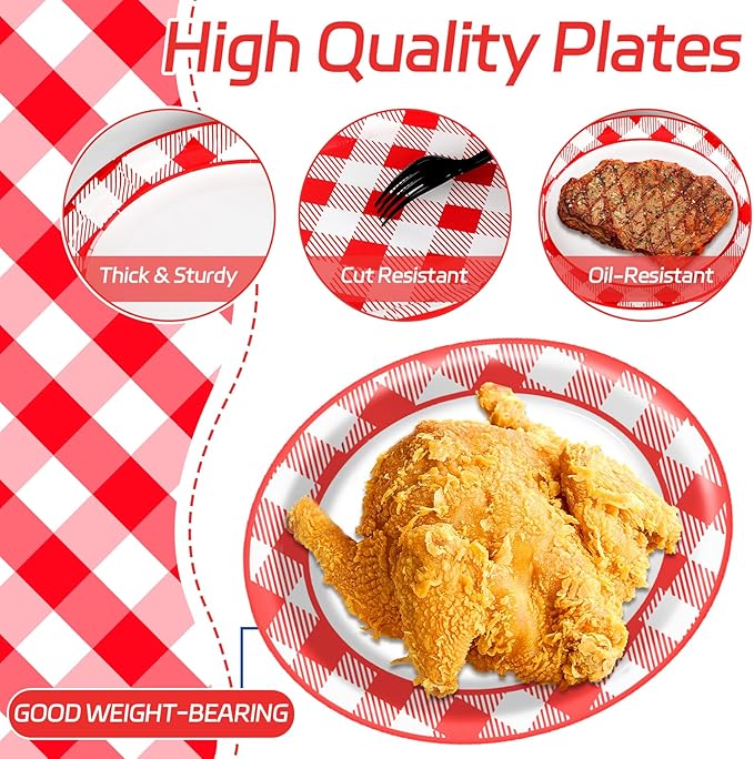 Gingham Oval Paper Plates 11inch Red and White Checkered Plates and Napkins, Dish Tray for BBQ Gathering Picnic Carnival Theme Party Supplies Holiday Baby Shower Birthday Tableware, 25 Guest