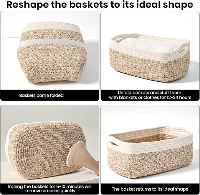 Small Baskets for Organizing, Decorative Storage Baskets for Shelves, Storage Bins, Woven Baskets for Storage, Mini Basket for Nursery, 13"×8.5"×5.1" (3 Packs) Off White & Brown