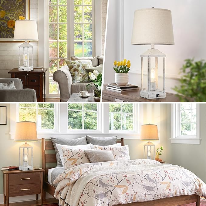 28" Farmhouse White Table Lamps for Living Room, 3-Way Dimmable Besides Nightstand Set of 2 Touch Control with USB Ports, Rustic Modern Vintage Retro Lamps for Bedroom, Home, Office, 4 Bulbs Included