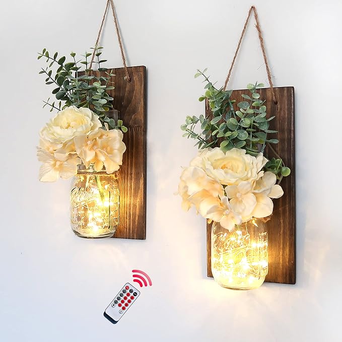 Besuerte Farmhouse Wall Decor for Living Room Rustic Mason Jar Wall Sconces Set of 2 for Home Living Room Bedroom Decorations with Rose Bouquet Flowers and Remote LED Fairy Lights (Large Jacobean)