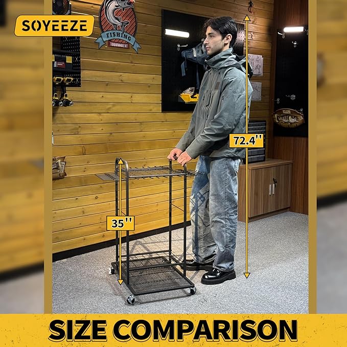 SOYEEZE Garden Tool Organizer with Lockable Wheels, 3-Tire Heavy Duty Yard Tower Tool Rack for Garage, Up to 35 Long-Handled Tools, Garden Tool Cart with 12 Hooks for Tool Organization and Storage