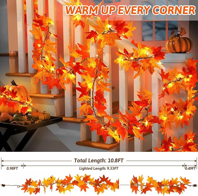 Fall Decor Fall Decorations for Home: Thanksgiving Decorations 10.8 FT Plug in Fall Garland with Lights 50 Orange Bulbs Lighted Fall Garland Lights for Thanksgiving Table Decor Indoor Outdoor