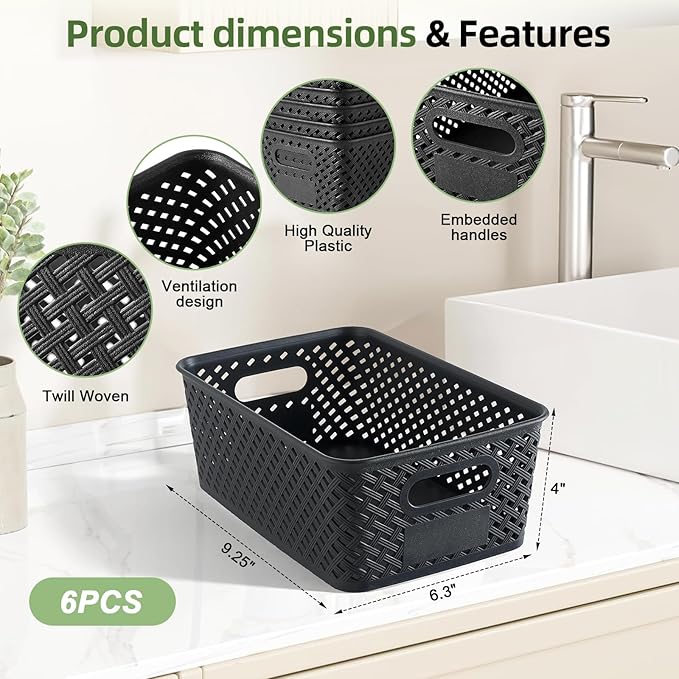 Small Plastic Twill Woven Storage Baskets, Stackable Organizing Containers with Labels for Pantry Office Kitchen, 6-Pack, Black