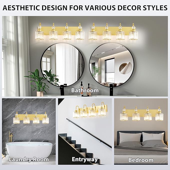 Bathroom Vanity Light Fixtures Over Mirror - Makeup Lighting Pure Gold - for Modern Wall, Bath, Desk, Farmhouse, Hallway - 4 Crystal Lights