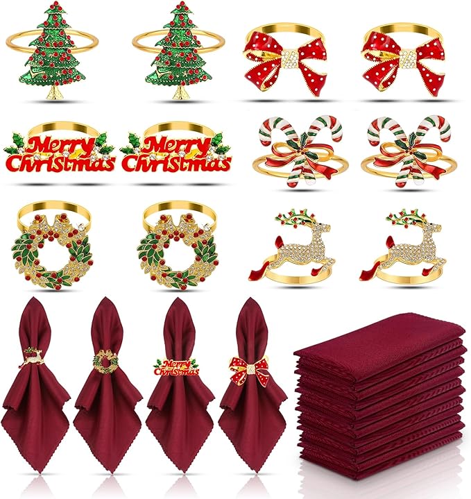 KPOSIYA 24pcs Christmas Napkin Rings Set of 12 and 12pcs Red Napkins Cloth, Metal Xmas Napkin Ring Holders for Winter Christmas Holiday Dinner Party Table Decoration