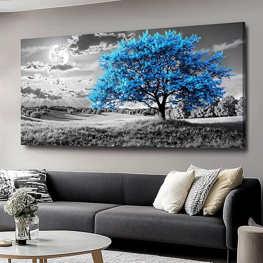 Blue Tree Canvas Wall Art - Modern landscape Paintings for Living Room, Bedroom Wall Decor, Framed Wall Art for Home or Office Decoration, Large Wall Art 75x150cm(30x60in)