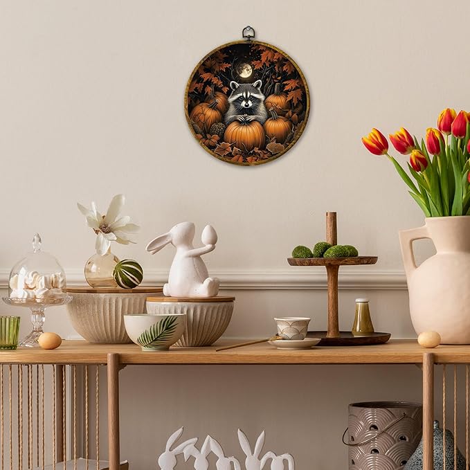 Mcehtle Moody Fall Raccoon and Pumpkins Wall Art Decor, Vintage Autumn Nature Cozy Fall Framed Canvas Prints 10x10, Rustic Woodland Scene Round Wall Hanging Artwork Decorations for Home Living Room