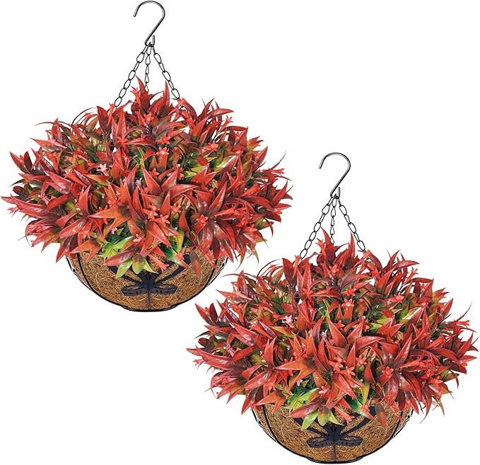 Uieke 2PCS Artificial Hanging Flowers for Outdoors with Hanging Basket, 22.8" 10pcs UV Resistant Fall Faux Flowers, Fake Hanging Plants for Autumn Garden Porch Patio Balcony Decoration