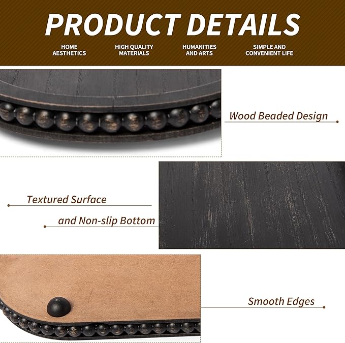 HPC Decor 15in Oval Tray for Home Decor - Black Wood Beaded Tray - Decorative Serving Tray,Rustic Farmhouse Wooden Trays for Vintage Centerpiece,Kitchen Counter,Living Room Decor,Coffee Table Decor.