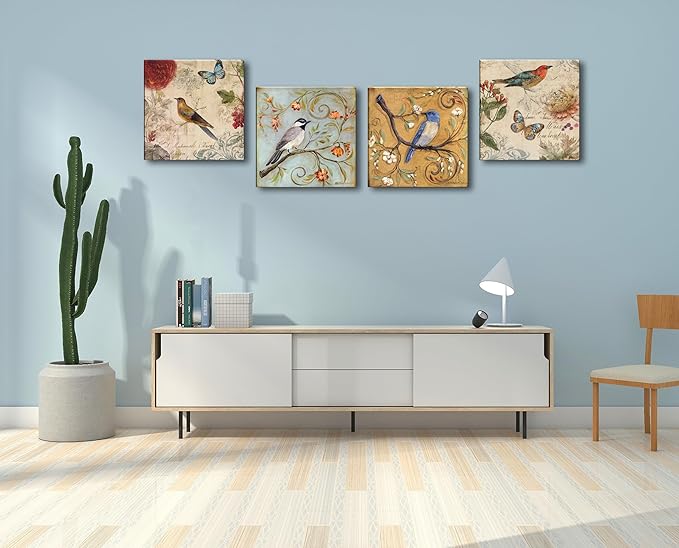 Flowers Birds Canvas Wall Art for Bedroom Floral Wall Decor Butterfly Picture Framed Artwork Vintage Prints Paintings for Bathroom Kitchen Decorations