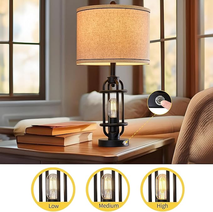 23.75'' Industrial Black Metal Table Lamps Living Room Lamp for Nightstand Bedroom lamps Set of 2 Bedside End Side Table Lamps Home Decor Touch Lamp Modern Lamps With USB Port, Bulbs Included