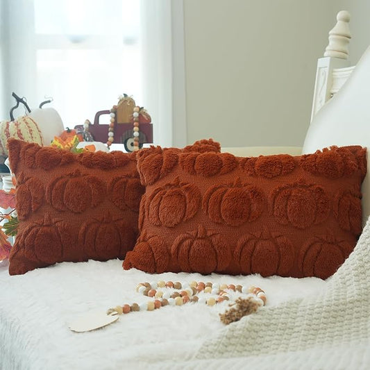 GEEORY Fall Pumpkins Soft Plush Pillow Covers, 12 x 20 Inch Set of 2, Fluffy Faux Fur Wool Decorative Farmhouse Cushion Case for Sofa Home Decoration Rust Pumpkin GC019-12