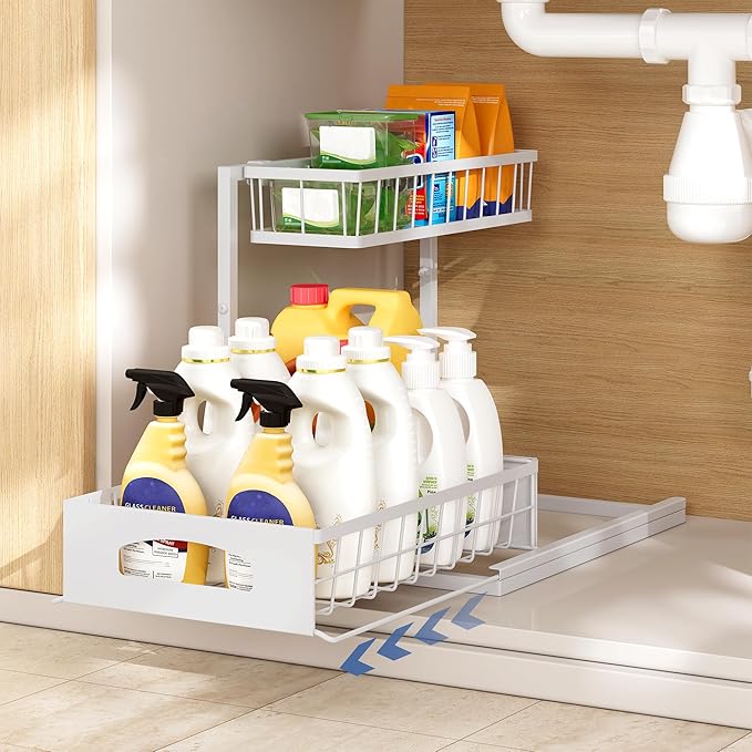 Under Sink Organizer, 2 Pack Height Adjustable Cabinet Organizer with Slide Out Drawer, Pull Out Under Sink Storage, Multi-Purpose 2 Tier Sink Shelves for Kitchen Bathroom Pantry (White, 2 Pack)