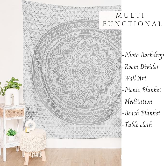 RAJRANG Silver Ombre Mandala Tapestry Cotton Wall Hanging Hippy Tapestries Hippie Beach Throw College Dorm Decor Bohemian Boho Bedsheet 84x90 Inches