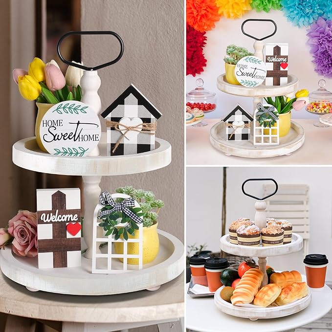 Mustry Rustic Wooden 2 Tiered Tray, Round Farmhouse Kitchen Table Decor Serving Tier Tray, Food Fruits Cupcake Display Coffee Bar Home Party Seasonal Decorations (White)