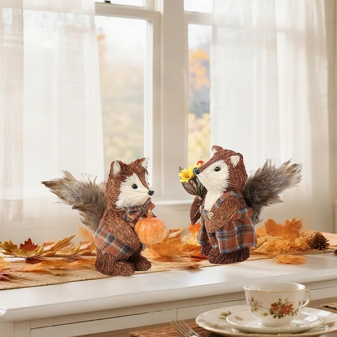 winemana 2 Pack Fall Decor Fox, Thanksgiving Decorations Indoor Sisal Foxes for Home Table Centerpiece Handmade Autumn Woodland Animal Friend Figurines with Pumpkin for Shelf Office Décor