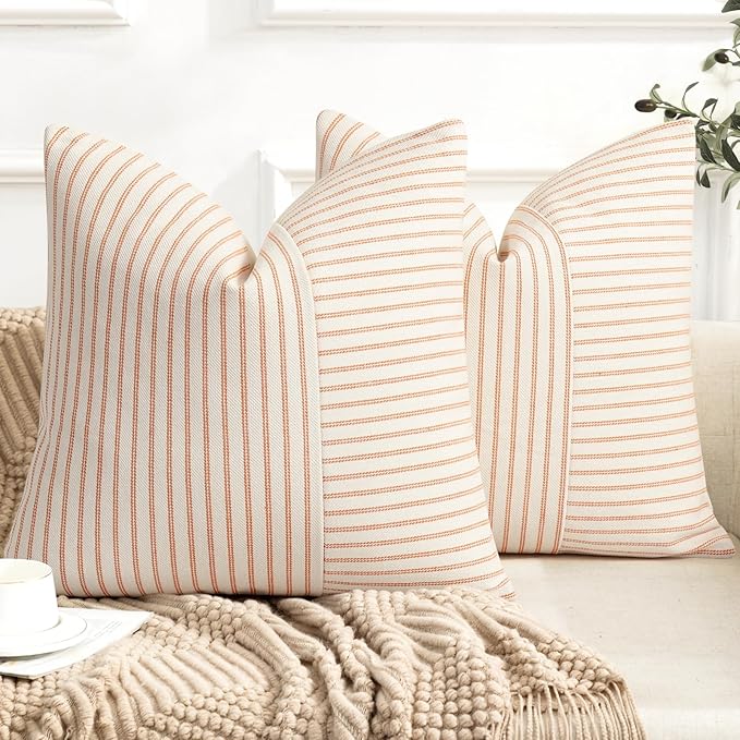 YCOLL Fall Pillow Covers 26x26, Modern Accent Throw Pillow Covers Set of 2, Burnt Orange Striped Patchwork Linen Decorative Pillows Cushion Covers for Fall Decorations