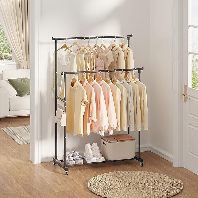 Calmootey Double Rods Clothes Garment Rack, Rolling Clothing Rack for Hanging Clothes, Coat Storage, Organizer for Bedroom, Livingroom, Apartments, Black