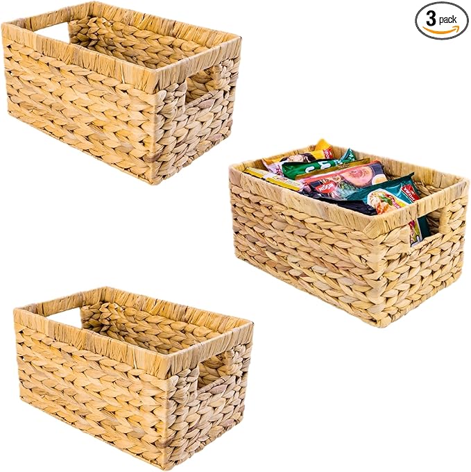 Water Hyacinth Storage Baskets, Rectangular Wicker Storage Basket with Built-in Handles, Medium woven baskets for storage (Medium 3 Packs)