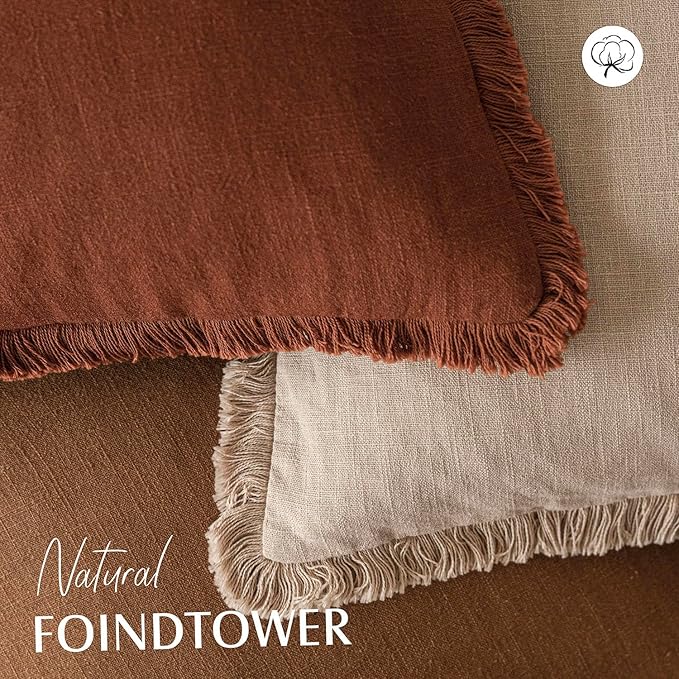 Foindtower Set of 2 Decorative Linen Fringe Throw Pillow Covers Cozy Boho Farmhouse Cushion Cover with Tassels Soft Accent Pillowcase for Couch Sofa Bed Living Room Home Decor, 26×26 Inch,Orange Brown