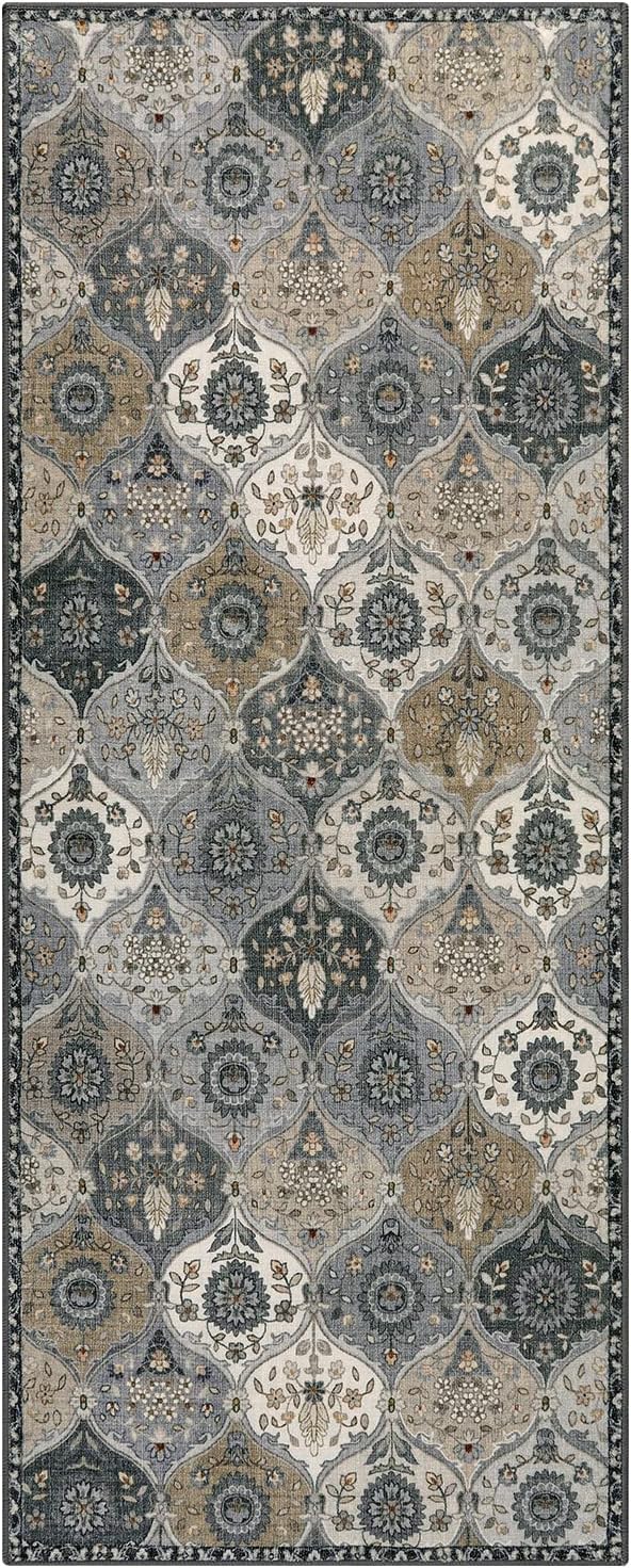 Lahome Moroccan Trellis Kitchen Runner Rug, 2x5 Washable Runners for Hallways Non Slip Soft Hallways Rug Ultra-Thin Vintage Long Carpet for Bedroom Bathroom, Grey