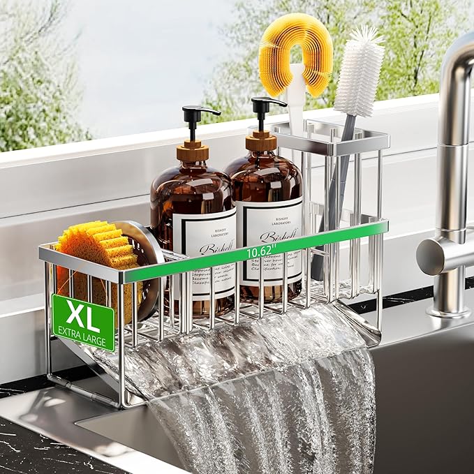Cisily Extra Large Silver Kitchen Sink Caddy Organzier with High Brush Holder, Sponge Holder for Sink, 304 Rustproof Stainless, Kitchen Countertop Soap Dispenser Organizer For Decor and Accessories