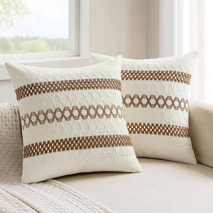 MIULEE Set of 2 Coco Brown Boho Decorative Pillow Covers 18x18 Inch Farmhouse Rustic Couch Throw Pillows Modern Spring Cotton Cushion Covers Retro Cute Macrame Woven Home Decor for Bed Sofa Chair