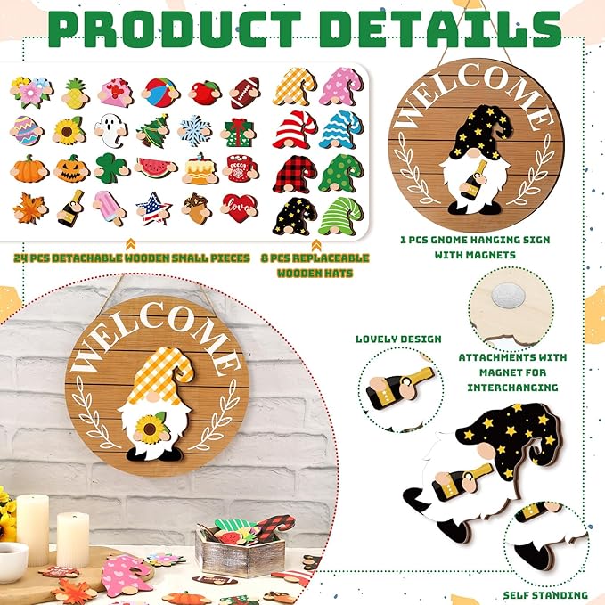 Qunclay Interchangeable Wooden Gnome Decor Holiday Seasonal Gnome Decorations with Magnet Pieces and Detachable Hats Changeable Welcome Sign for Home(Simple Style)