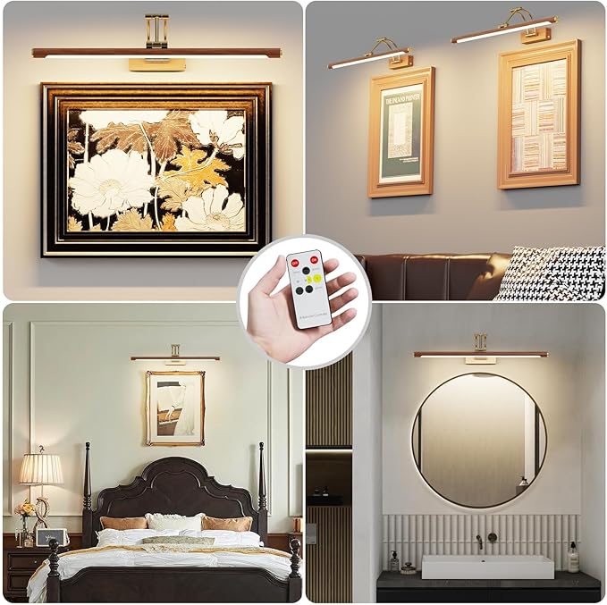Wireless Picture Lights for Wall Rechargeable,16.14" Battery Operated Art Light for Paintings,3CCT Dimmable with Remote,Rotatable Gallery Light for Pictures Display,Wood Grain