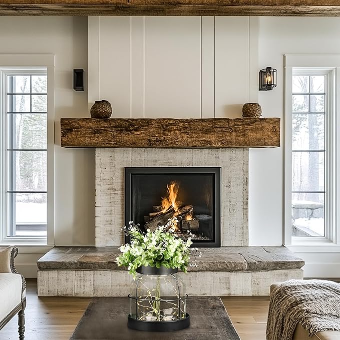 Farmhouse Rustic Vintage Primitive Glass Vases Lantern with Lights Green Artificial Eucalyptus Plants Home Decor Centerpiece for Coffee Office Dining Table Shelf Desk Counter Kitchen Bathroom, Black