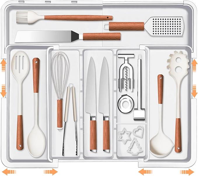 Large Utensil Drawer Organizer Expandable Silverware Organizer for Kitchen Drawer Adjustable Cooking Utensil Holder Cutlery Flatware Tray Spatula Tools Gadgets Storage Dividers Plastic White