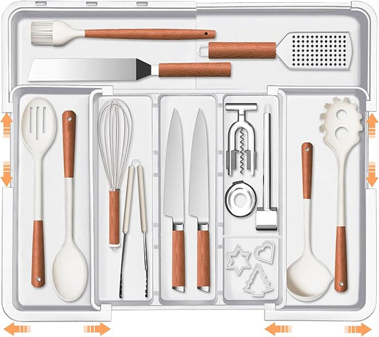 Large Utensil Drawer Organizer Expandable Silverware Organizer for Kitchen Drawer Adjustable Cooking Utensil Holder Cutlery Flatware Tray Spatula Tools Gadgets Storage Dividers Plastic White