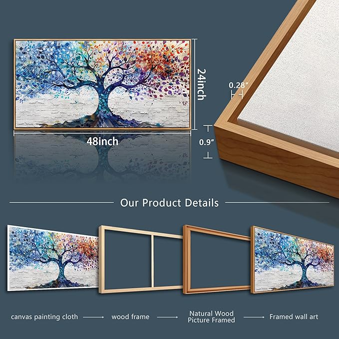 ERQINHUA Canvas Wall Art For Living Room Wall Decorations For Bedroom Modern Restaurant Office Home Decor Colorful Wall Painting Tree Abstract Printing Canvas Pictures Posters 24x48 In Wood Framed