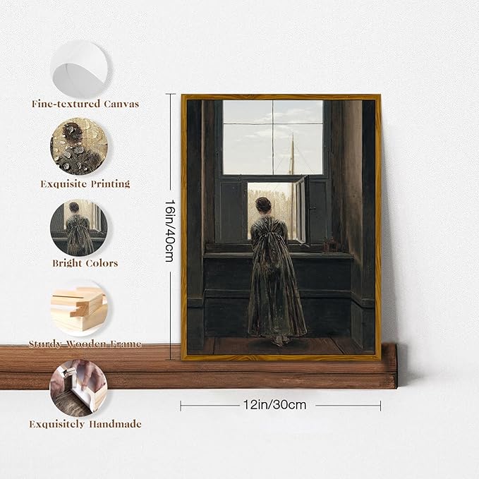 crmotu Framed Canvas Wall Art, Vintage Portrait Paintings Wall Decor, Woman by the Window Dark Art Prints, Retro Lady Back Pictures Rustic Farmhouse Home Decor Living Room Bedroom Bathroom 12x16in