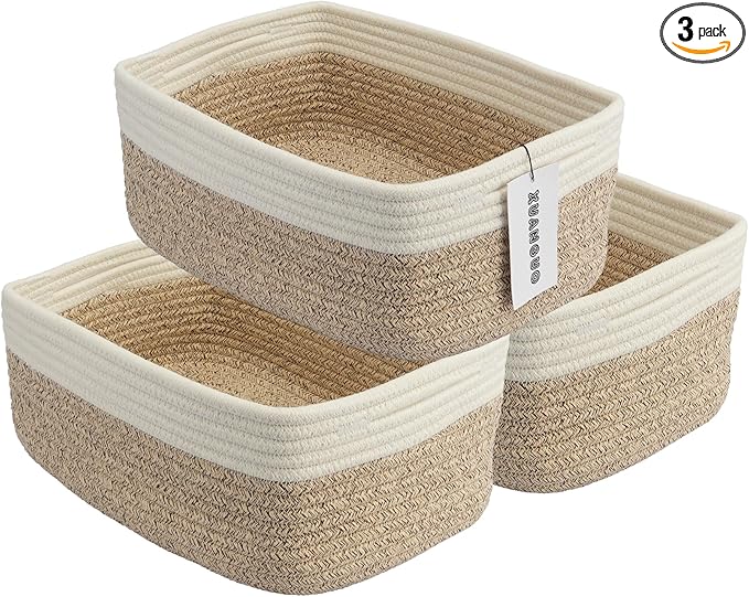 Small Woven Storage Baskets 13“X9”X5“ Decorative Rope Bins for Organizing Shelves, Closets, and Toys, Empty Gift Baskets, Cute Organizer Basket for Home and Office (white and brown, Large)