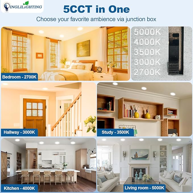 DLLT LED Recessed Ceiling Lights: 12 Pack 4 Inch 5CCT Ultra-Thin Lighting with Junction Box for Bedroom - 900LM Brightness 9W Eqv 90W Dimmable Canless Wafer Downlight with ETL&FCC