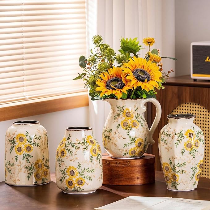 Sunflower Green and Beige Vase, Yellow Ceramic Vintage Vase Cottage Core Home Decor, Cute Floral Centerpiece Vases for Living Room, Bedroom, Kitchen, Table Grand Millennial Decors, Tuscan Decor 7.8In