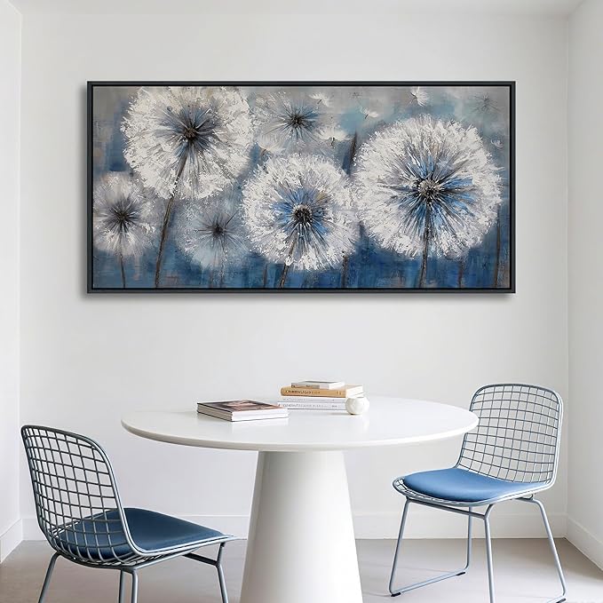 Framed Blue Dandelion Wall Art Decor Canvas Print Picture for Living Room White Flower Flora Plant Home Bedroom Painting Decoration Modern Framed Artwork size 24x48