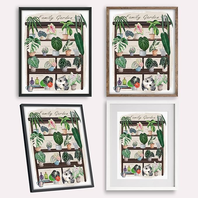 TimAsh Unframed Funny Cat Botanical Wall Art Family Garden Modern Green Plant Decor Tropical Boho Style Cute Kitten Canvas Prints for Bedroom Bathroom Living Room 16'' x 12''