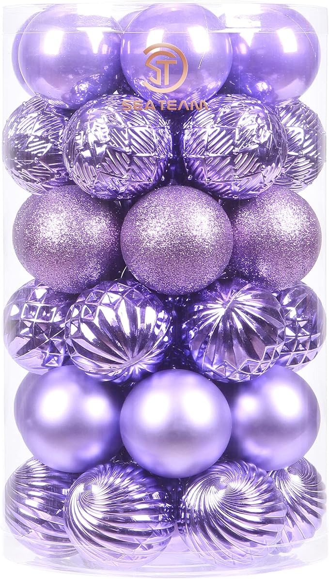 Sea Team 41-Pack Christmas Ball Ornaments with Strings, 60mm/2.36-Inch Medium Size Baubles, Shatterproof Plastic Christmas Bulbs, Hanging Decorations for Xmas Tree, Holiday, Wedding, Party, Lavender