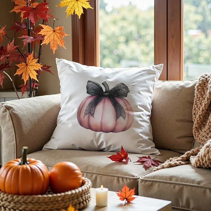 Coquette Pink Pumpkin Black Bow Fall Pillow Covers 18x18, Preppy Fall Decor, Pink Girly Pumpkin Autumn Decorative Throw Pillow Covers for Girls Room Home Dorm Bedroom Living Room
