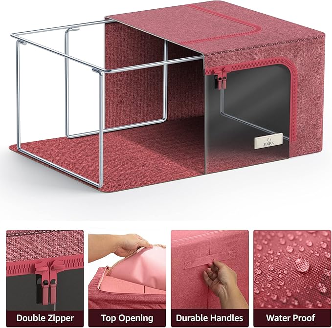 Sorbus Storage Bins with Metal Frame - Stackable & Foldable Clothes Organizer Bags - Oxford Fabric Storage Containers with Large Clear Window & Carry Handles, Bedroom Organization for Bedding & Linen