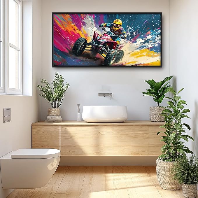 Flintis Large Kart Racing Framed Wall Art Racing Car Pictures Wall Decor Abstract Colorful Race Car Canvas Painting Print Artworks Decor Framed for Living Room Bathroom Master Bedroom 60L X 30W