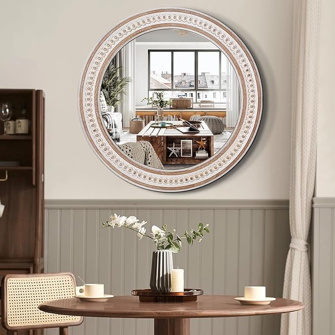 24 Inches Rustic Round Wall Mirrors - Wooden Farmhouse Circle Mirror for Bathroom, Entryway, Bedroom, Living Room, Entryway Decorative